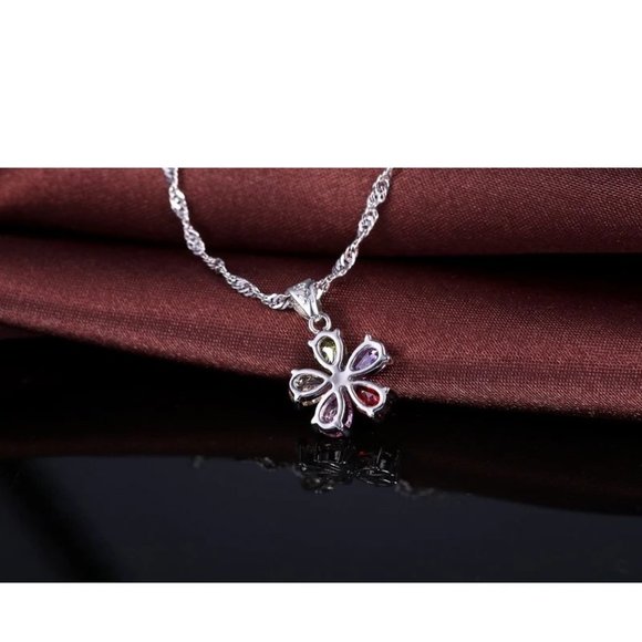 Cute Flower Multi Color 925 Sterling Silver Pendant Earrings And Necklace Set - Picture 7 of 9
